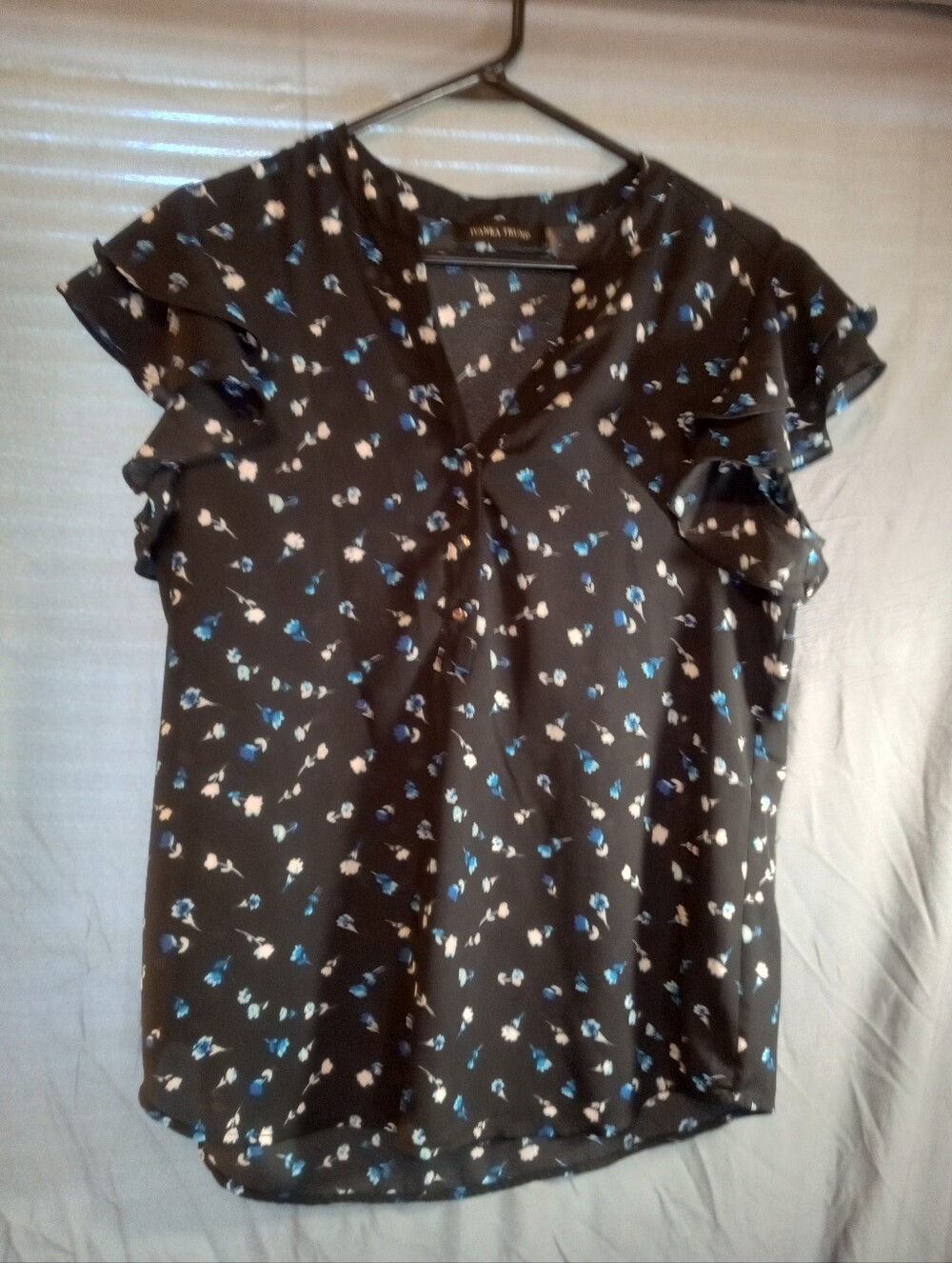 Ivanka Trump Black Floral Ruffle-Sleeve Blouse